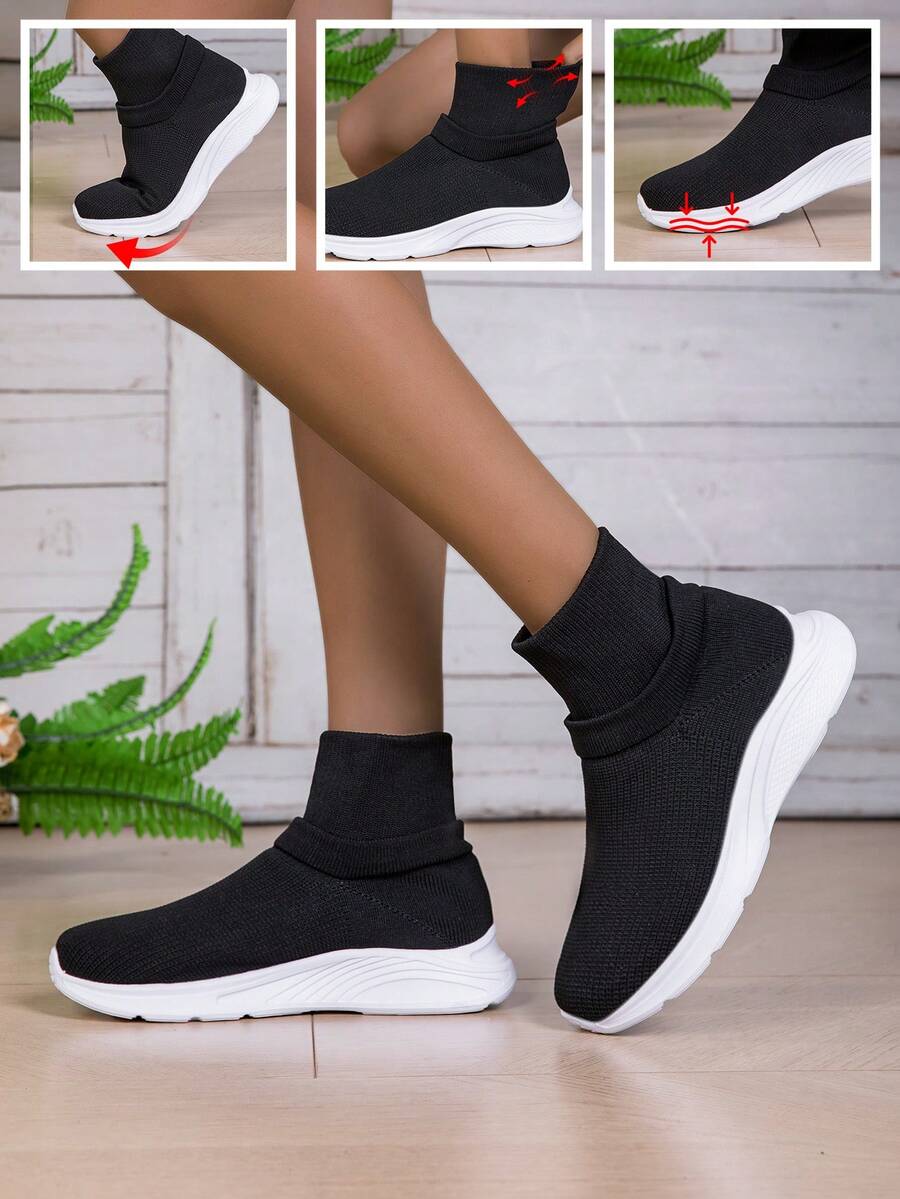 全新时尚针织袜鞋 女士休闲运动鞋 软底透气跑步鞋 女士护腿鞋 - 黑色 - 查看 1