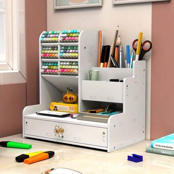 Organizador de escritorio con cajón: Organizador de escritorio de PVC para bolígrafos, marcadores y útiles de oficina.