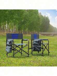 1-Piece Padded Folding Outdoor Chair With Side Table And Storage Pockets,Lightweight Oversized Directors Chair For Indoor, Outdoor Camping, Picnics And Fishing,Black/Grey - 藍色+灰色+鋼-6 - 查看 3