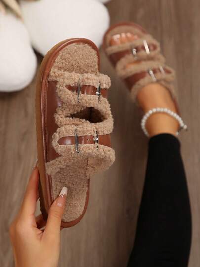 Damskie modne, puszyste, odkryte klapki, jesień/zima, uniwersalne, futrzane klapki