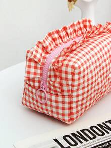 1-częściowa, kraciasta, falbankowa torba do przechowywania kosmetyków, podpasek, przenośna kosmetyczka, kraciasta kosmetyczka, zestaw w kratkę, torba do przechowywania pędzli kosmetycznych, damska torebka, kosmetyczki, duża pojemność, puszysta, kratkowana, ośmiokątna kosmetyczka, kosmetyczka do przechowywania szminek, prezent ślubny, druhna, prezent dla mamy, prezent urodzinowy, prezent na Boże Narodzenie, prezent dla przyjaciół i nauczycieli, wystrój domu, łazienka, salon, sypialnia, wystrój - Czerwony - Zobacz 7