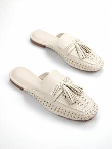 Mocasines cómodos de mujer con Top tejida a mano de material de microfibra arrugado beige, punta cuadrada, estilo slip-on, para uso diario, ocio y vacaciones