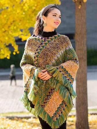 1pc Women's Striped Cape Shawl, Dual-Purpose Bat Sleeve Asymmetrical Knit Sweater With Tassel Outwear For Spring Autumn Winter Wrap, Daily Wear Or Warmth For Dress