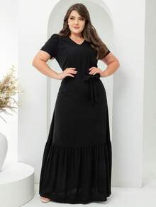 Women's Long Party Dress V-Neckline With Viscolinho Fabric Belt Evangelical Fashion - 黑色 - 查看 2