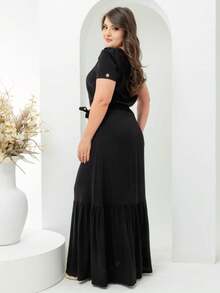 Women's Long Party Dress V-Neckline With Viscolinho Fabric Belt Evangelical Fashion - 黑色 - 查看 5