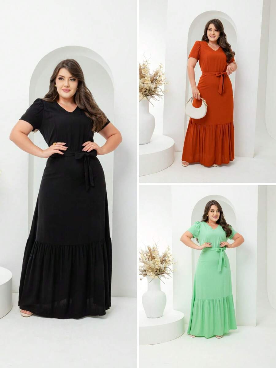 Women's Long Party Dress V-Neckline With Viscolinho Fabric Belt Evangelical Fashion - 黑色 - 查看 1