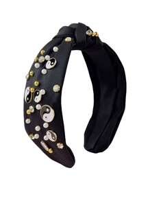 1 pieza Aro para el cabello con tela con motivo de Tai Chi y strass, accesorio de cabello versátil y personalizado estilo europeo y americano con nudo, adorno superior de calavera y cuenta