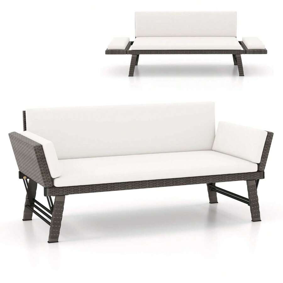Lifezeal Outdoor Convertible Sofa Daybed With Adjustable Armrests Removable Cushions White/Gray/Navy