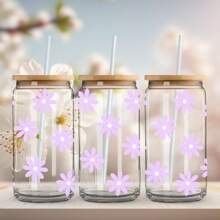 4 piezas de calcomanías de flores de serie de dibujos animados UV DTF para hojas de pegatinas impermeables para vasos de vidrio Libbey de 16 oz, tazas decorativas, útiles escolares, manualidades y suministros de arte DIY, paquete de calcomanías transferibles