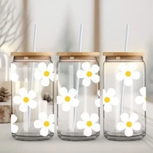 4 piezas de calcomanías de flores de serie de dibujos animados UV DTF para hojas de pegatinas impermeables para vasos de vidrio Libbey de 16 oz, tazas decorativas, útiles escolares, manualidades y suministros de arte DIY, paquete de calcomanías transferibles