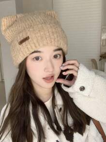 1pc Ladies' Knitted Beanie Hat With Leather Logo & Small Ears Design, White Color To Show Small Face And Keep Warm In Winter, Suitable For Daily Wear Cute - White - View 17