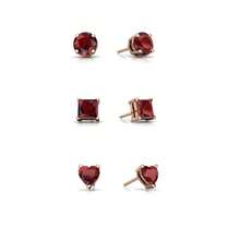 Paris Jewelry 18k Rose Gold Plated 4Cttw Created Garnet 3 Pair Round Square And Heart Stud Earrings - 彩色 - 查看 2