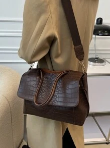 Bolsa tote casual vintage de grande capacidade para mulheres com compartimentos multicamadas, capa com aba em relevo de crocodilo, alça de ombro ajustável, adequada para deslocamento diário e viagens ao ar livre, outono, bolsa vintage de inspiração retrô para mulheres - Castanho Café - Ver 8