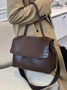 Bolsa tote casual vintage de grande capacidade para mulheres com compartimentos multicamadas, capa com aba em relevo de crocodilo, alça de ombro ajustável, adequada para deslocamento diário e viagens ao ar livre, outono, bolsa vintage de inspiração retrô para mulheres - Castanho Café - Ver 7