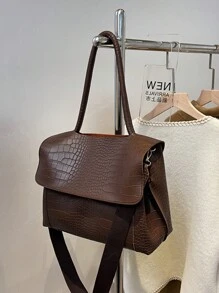 Bolsa tote casual vintage de grande capacidade para mulheres com compartimentos multicamadas, capa com aba em relevo de crocodilo, alça de ombro ajustável, adequada para deslocamento diário e viagens ao ar livre, outono, bolsa vintage de inspiração retrô para mulheres - Castanho Café - Ver 9