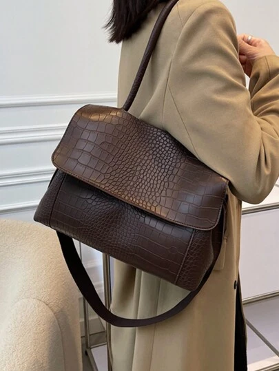 Large Capacity Vintage Casual Tote Bag For Women With Multi-Layered Compartments, Crocodile Embossed Flap Cover, Adjustable Shoulder Strap, Suitable For Commuting And Outdoor Travel, Autumn, Retro Inspired Vintage Bag For Women, Animal Print Women Bag