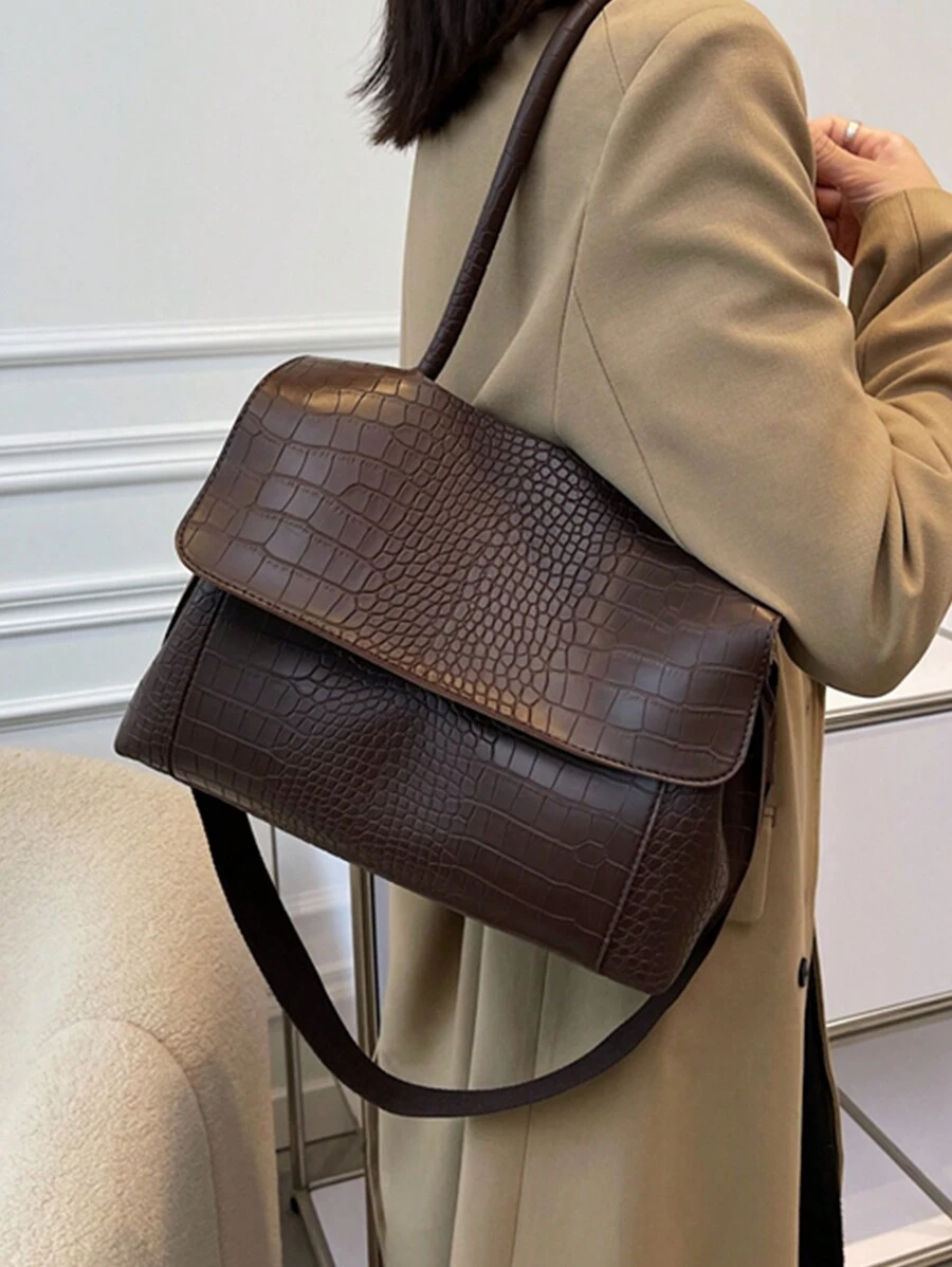 Bolsa tote casual vintage de grande capacidade para mulheres com compartimentos multicamadas, capa com aba em relevo de crocodilo, alça de ombro ajustável, adequada para deslocamento diário e viagens ao ar livre, outono, bolsa vintage de inspiração retrô para mulheres
