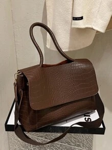 Bolsa tote casual vintage de grande capacidade para mulheres com compartimentos multicamadas, capa com aba em relevo de crocodilo, alça de ombro ajustável, adequada para deslocamento diário e viagens ao ar livre, outono, bolsa vintage de inspiração retrô para mulheres - Castanho Café - Ver 6