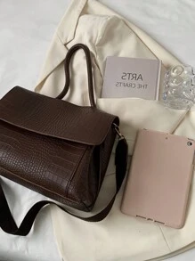 Bolsa tote casual vintage de grande capacidade para mulheres com compartimentos multicamadas, capa com aba em relevo de crocodilo, alça de ombro ajustável, adequada para deslocamento diário e viagens ao ar livre, outono, bolsa vintage de inspiração retrô para mulheres - Castanho Café - Ver 5