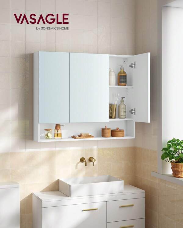 VASAGLE Armadietto Bagno con Ante a Specchio, Mobiletto Pensile Bagno, Mobile Specchiera da Parete, Scomparto Aperto, Ripiani Regolabili, 16,5 x 90 x 75 cm, Bianco Nuvola