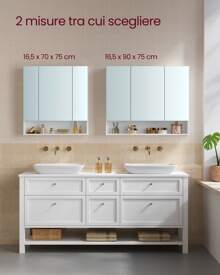 VASAGLE Armadietto Bagno con Ante a Specchio, Mobiletto Pensile Bagno, Mobile Specchiera da Parete, Scomparto Aperto, Ripiani Regolabili, 16,5 x 90 x 75 cm, Bianco Nuvola