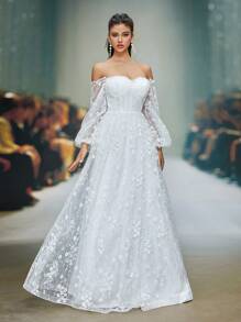 Anpoket Mới Đến Váy Cưới Lệch Vai Thêu Dây Thắt Eo Ren Tay Đèn Lồng Váy Chữ A, Cô Dâu - trắng - Xem 4