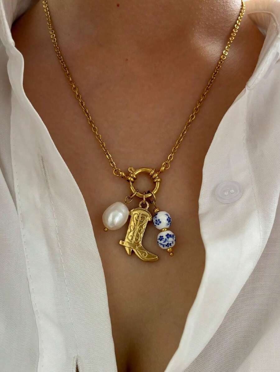 1 chiếc vòng cổ mặt dây chuyền bằng gốm ngọc trai sang trọng thanh lịch vàng 18k chống thấm nước thời trang dành cho phụ nữ