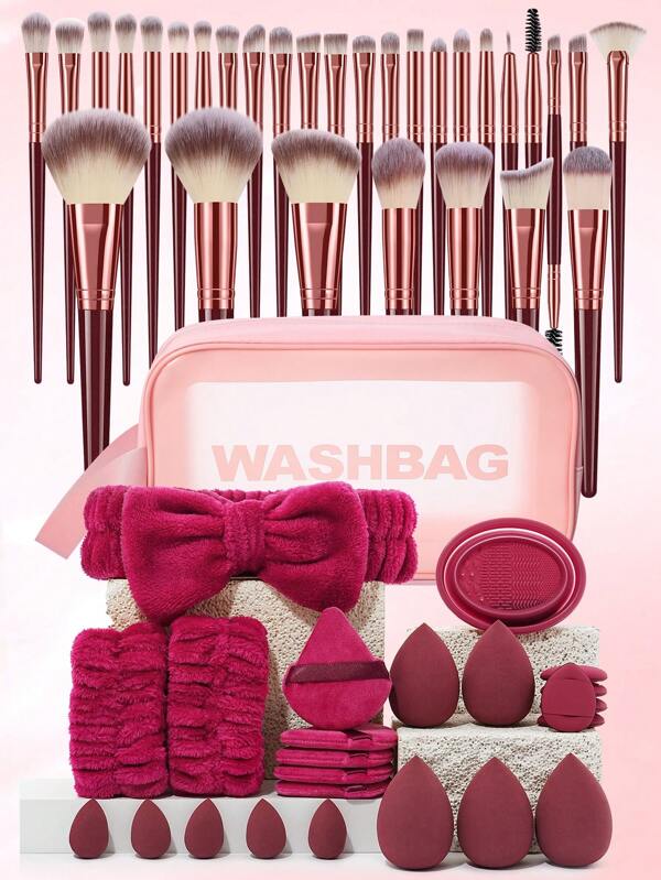 55PCS Makeup Tools Set Including:1pc Multi-Functional Zipper Toiletry And Cosmetic Bag Waterproof+30pcs Makeup Brush Sets+5PCS Makeup Sponge+5PCS Mini Makeup Sponges+5PCS Triangle Powder Puffs+5PCS Mini Air Cushion Powder Puffs+1pc Hairband+2PCS Hand Bowl Strap+1pc Makeup Brush Cleaning Tools