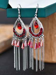 Chinese Style Multi-Layer Long Tassel Earrings, Fashion Crystal Rhinestone Waterdrop Earrings, Elegant Gift For Holidays - Blue - View 3