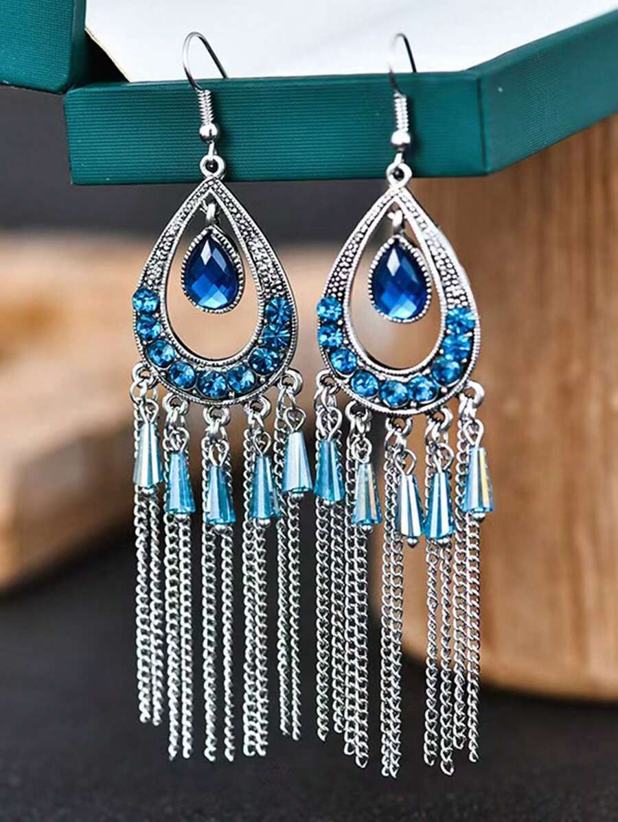 Chinese Style Multi-Layer Long Tassel Earrings, Fashion Crystal Rhinestone Waterdrop Earrings, Elegant Gift For Holidays - Blue - View 1