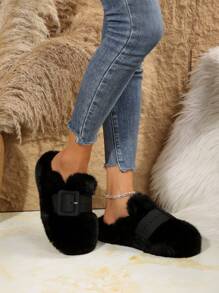 Fluffy Slide Sandals For Women, Closed Toe, Buckle Strap, Flat Bottom, For Indoor & Outdoor Wear, Autumn/Winter New