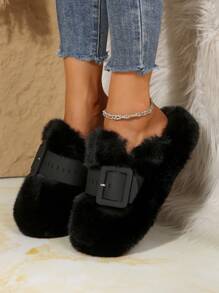 Fluffy Slide Sandals For Women, Closed Toe, Buckle Strap, Flat Bottom, For Indoor & Outdoor Wear, Autumn/Winter New