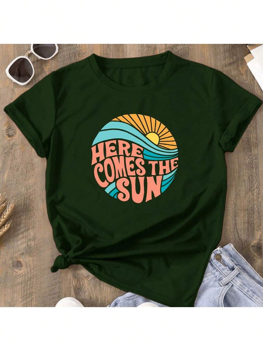 Women's T-Shirt With Sun Print, Summer - xanh quân đội - Xem 1