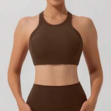 Conjunto de 2 piezas, con leggings elásticos acanalados de cintura alta con bolsas y sujetador deportivo - Marrón - Ver 3