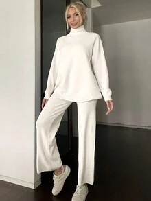 2 件套女士休闲简约高领宽松落肩毛衣和裤子针织套装，秋冬 - 白色 - 查看 4
