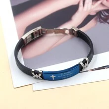 流行时尚不锈钢雕刻宗教信仰 PU 皮革带扣手链，男女通用日常佩戴礼物 - 如圖 - 查看 11