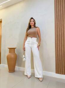 Elegant Women's Fashion Modern Formal Pants With Button And Front Pocket/DD023 - trắng - Xem 3
