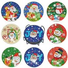 Bộ 8 miếng lót ly sơn kim cương, miếng lót ly sơn kim cương theo chủ đề Giáng sinh, miếng lót ly sơn kim cương tự làm có giá đỡ và đệm bần, miếng lót ly chống trượt, miếng lót ly sơn kim cương để trang trí bàn nhà, đồ trang trí Giáng sinh, quà tặng Giáng sinh - Nhiều màu - Xem 6