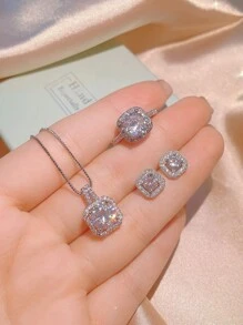 1 pieza Conjunto de joyas de lujo con circonita cúbica, que incluye collar, aretes y anillo para mujeres, regalo perfecto para el Día de San Valentín, Navidad, cumpleaños, Año Nuevo, mamá, madre, Día de la Madre