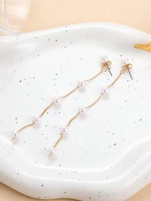 1 对法式复古简约仿珍珠长流苏耳环 - 金黃色 - 查看 4