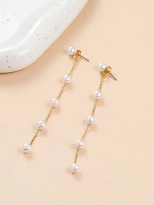 1 对法式复古简约仿珍珠长流苏耳环 - 金黃色 - 查看 3