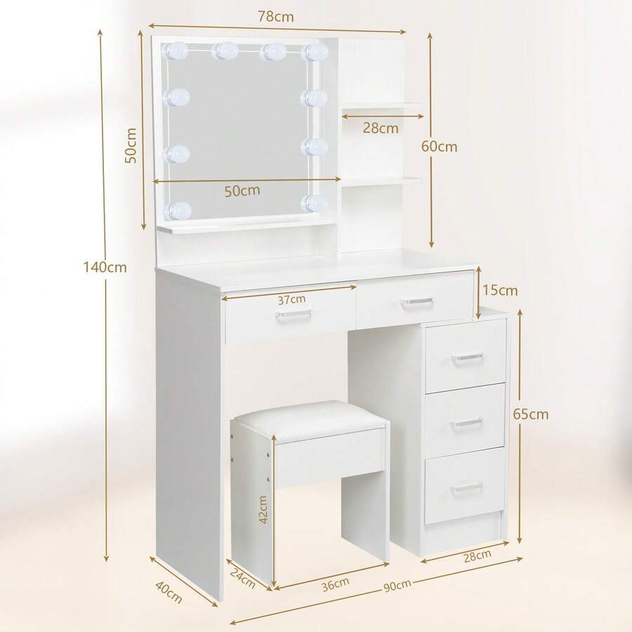 Makeup Table With 5 Drawers And Storage Shelf, Vanity Desk With Mirror