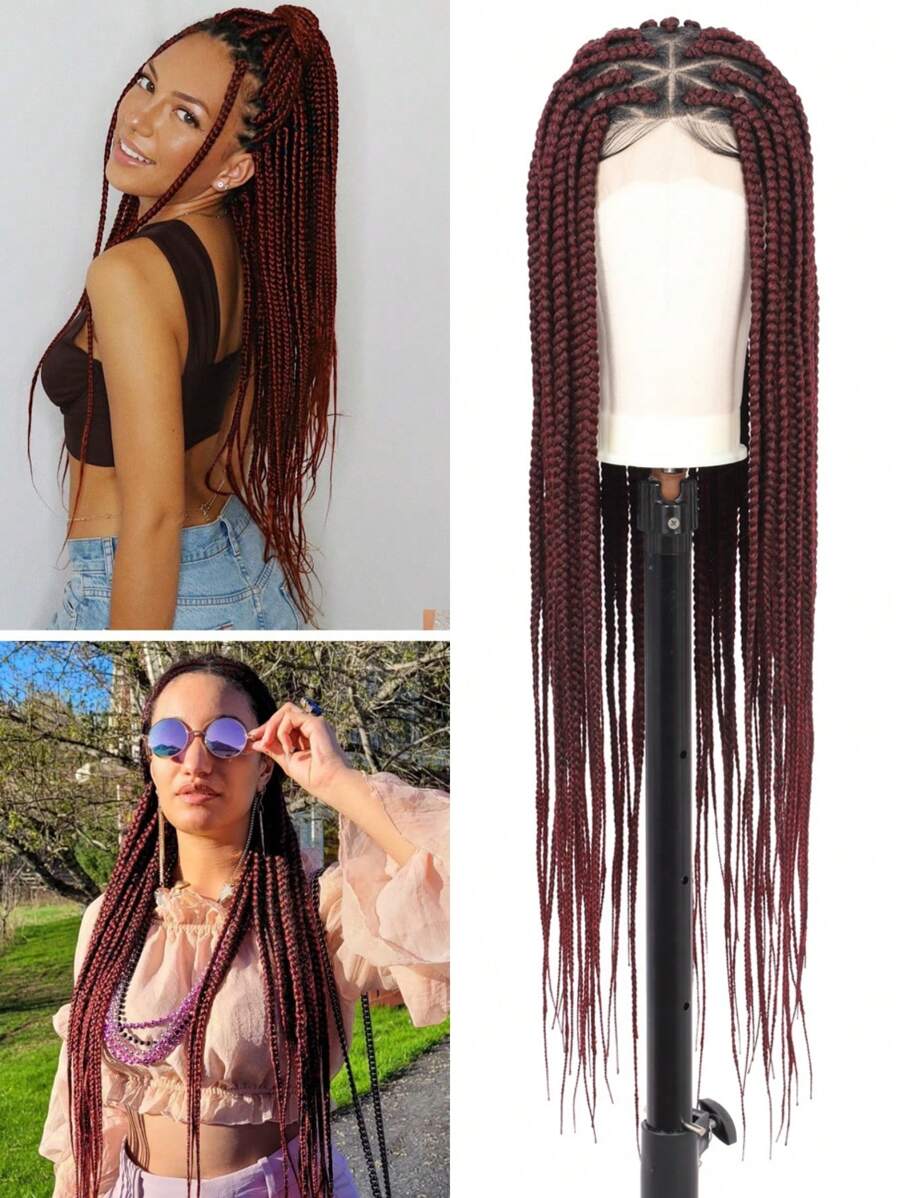 Peluca de trenzas de caja sin nudos de 36 pulgadas con encaje triangular doble para mujeres. Peluca con trenzas de caja de encaje frontal completo con cabello bebé, apariencia natural de trenzas de maíz sintéticas