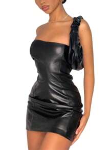 Women Sexy Tube Top Dress Sleeveless Backless Slim Elastic PU Leather Black Mini Dress Hip Tee Skirt