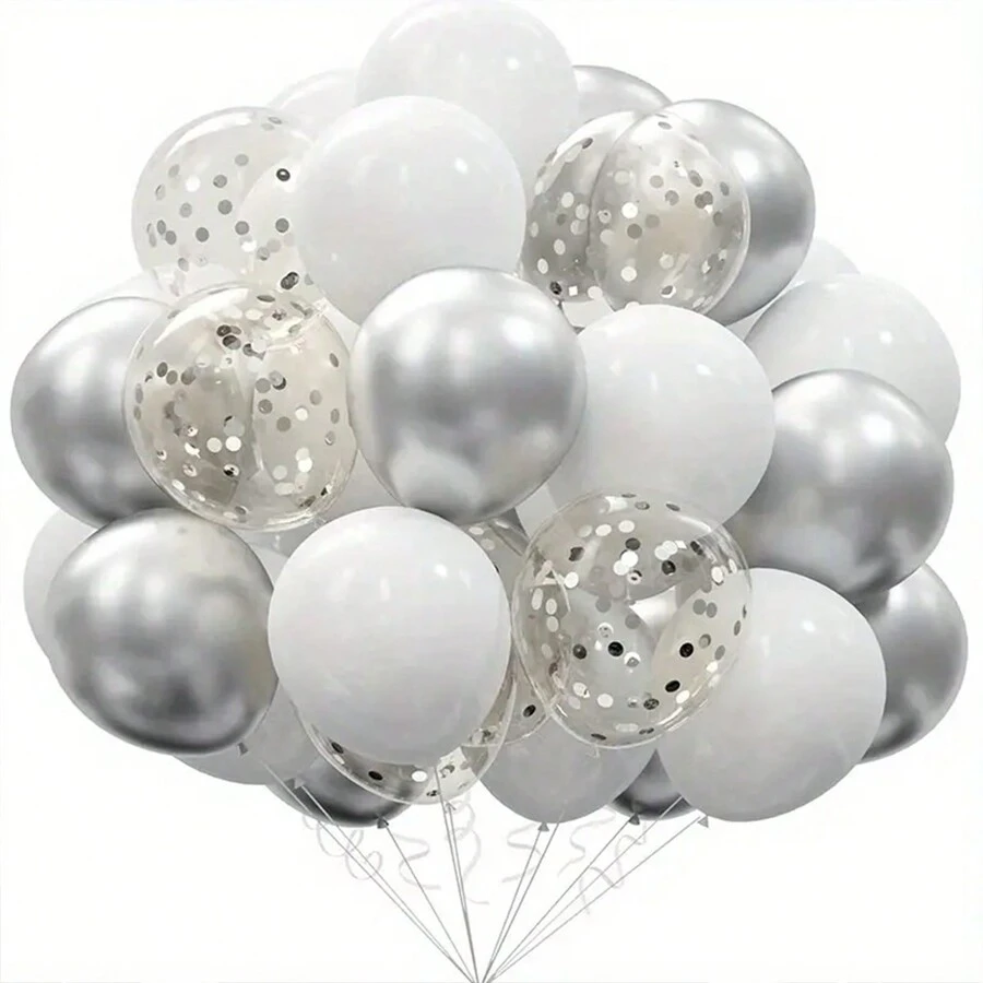 Set de 55 piezas de globos de confeti multicolor para boda, cumpleaños y fiesta - Decoraciones de látex duraderas plateadas y blancas, globos de látex para diversas celebraciones sin electricidad