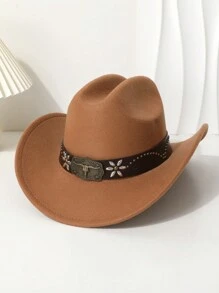 1pc Women's Leather Decorated Knitted Hat, Retro Wide Brim Western Cowboy Hat, Jazz Cap, Fashionable All-Match, Suitable For Spring, Summer, Autumn And Winter - Top Hat - View 4