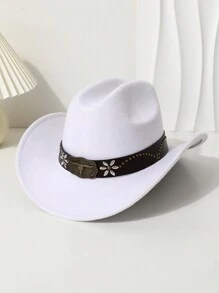 1pc Women's Leather Decorated Knitted Hat, Retro Wide Brim Western Cowboy Hat, Jazz Cap, Fashionable All-Match, Suitable For Spring, Summer, Autumn And Winter - Top Hat - View 3