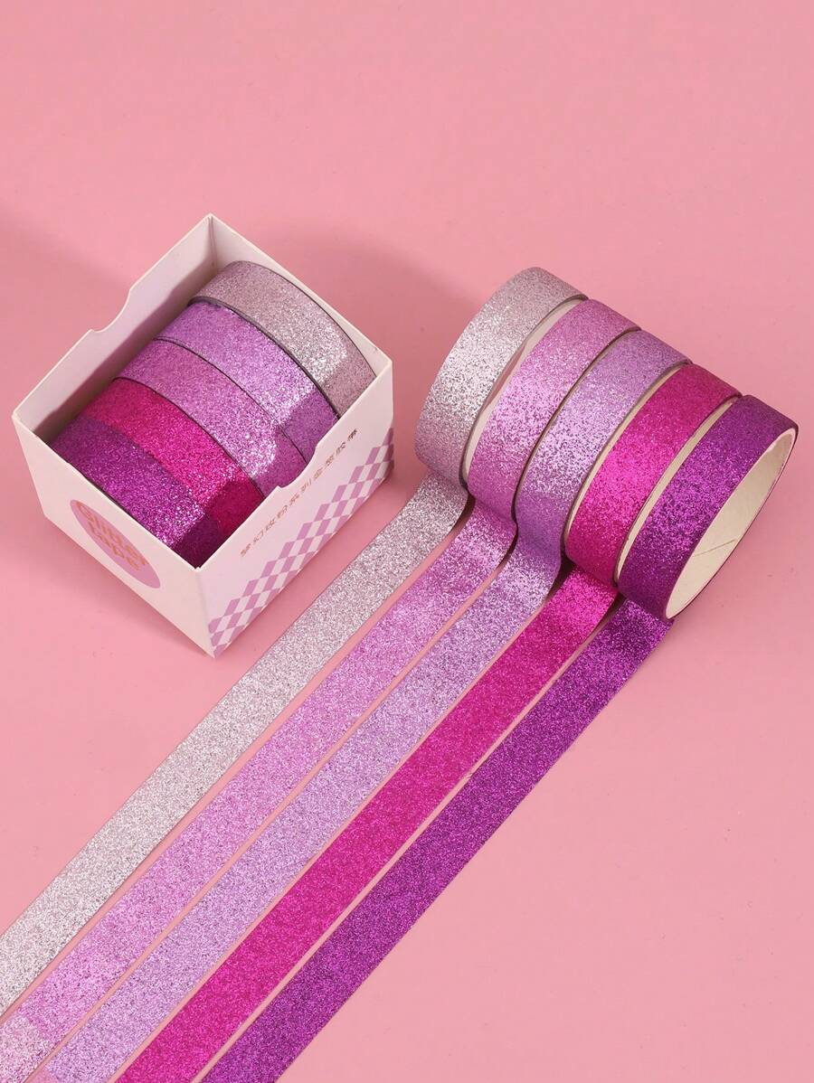 5卷/盒玫瑰紅手帳膠帶、閃閃發光金洋蔥文具和學生配件手帳材料 Diy 裝飾和遮蔽膠帶 - 玫紅色 - 查看 1