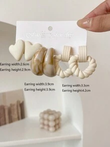 1 套（3 对）时尚休闲心形和粗针织风格耳钉和吊坠耳环 - 彩色 - 查看 13