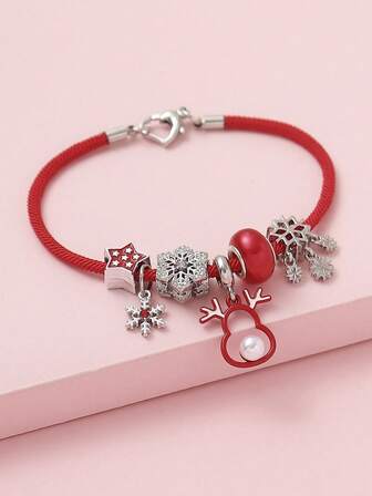 1pc Christmas Cute Painted Mushroom, Deer, Snowflake, Heart, Star Beaded Cord Bracelet, Suitable For Women Holiday Party Wear Gift For Friends & Family